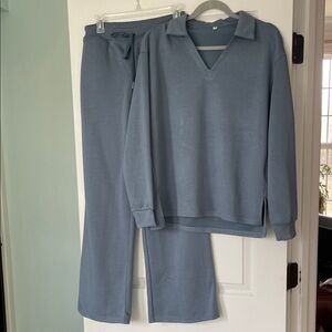 NWOT Women’s Blue Two-Piece Pants Set - Cozy Collar Top & Drawstring Pants